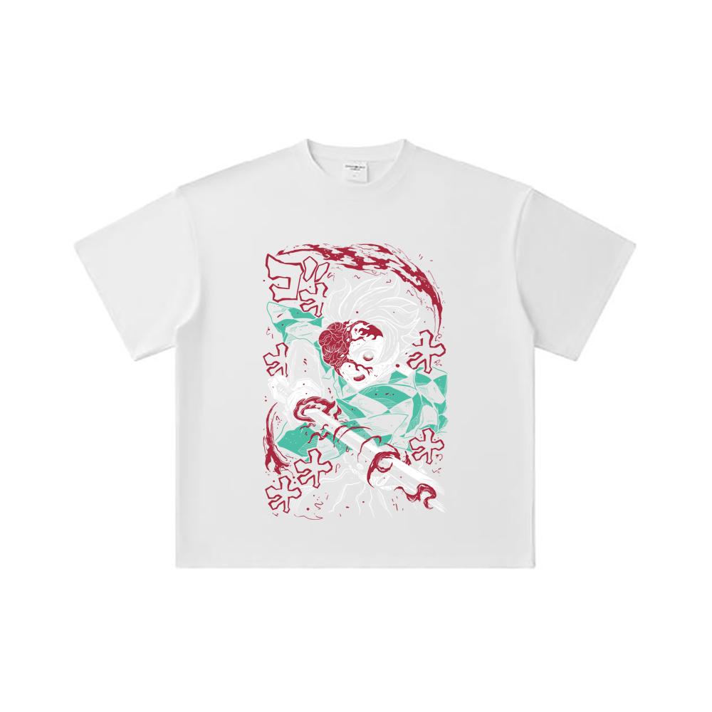 260 GSM Double Yarn 32 Count 100% Cotton Demon Slayer V41 Demon Tanjiro Print Unisex Heavy Cotton T Shirt