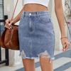 Women's Fashionable Solid Color Elastic High Waisted Ripped Denim Skirt With Rough Edges