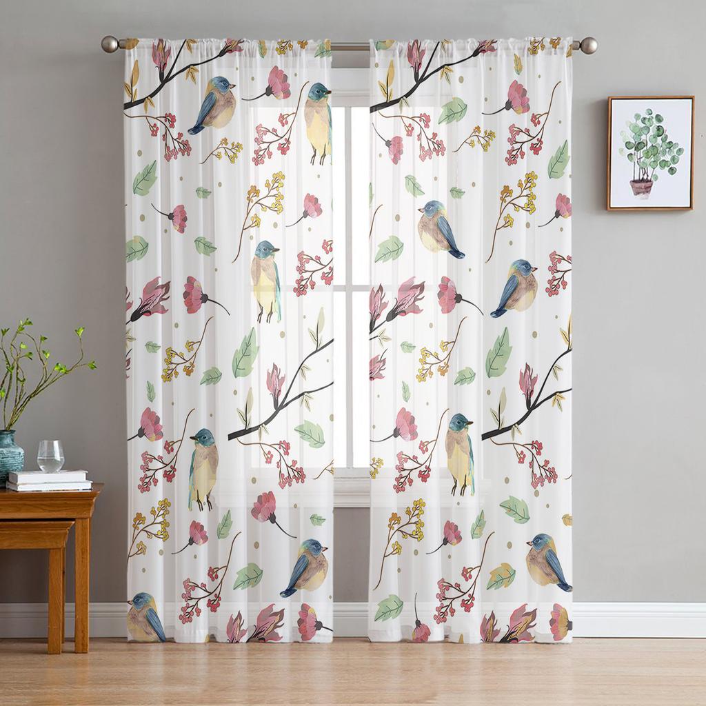 Plants Flowers Watercolor Birds Sheer Curtains for Living Room Decoration Window Curtains Kitchen Tulle Voile Organza Curtains