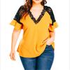 Sexy Women Short Ruffled Sleeve Deep V Neck Lace Patchwork Loose Blouse T-shirt