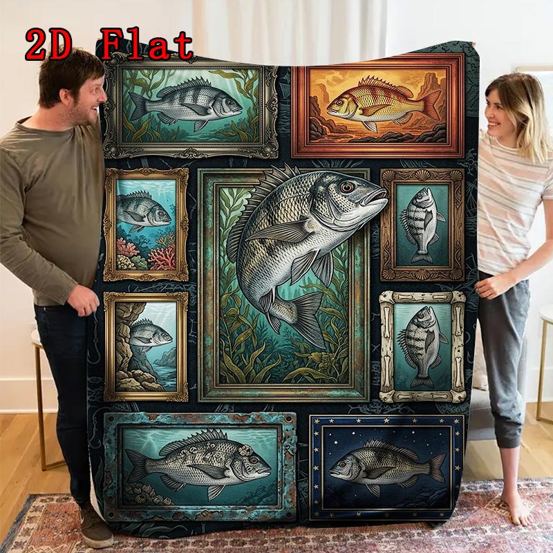 Fish Collection 2D Flat Pattern Flannel Blanket, High quality All Seasons, Home Decor, Warmth and Comfort, Perfect for Christmas Gifts.