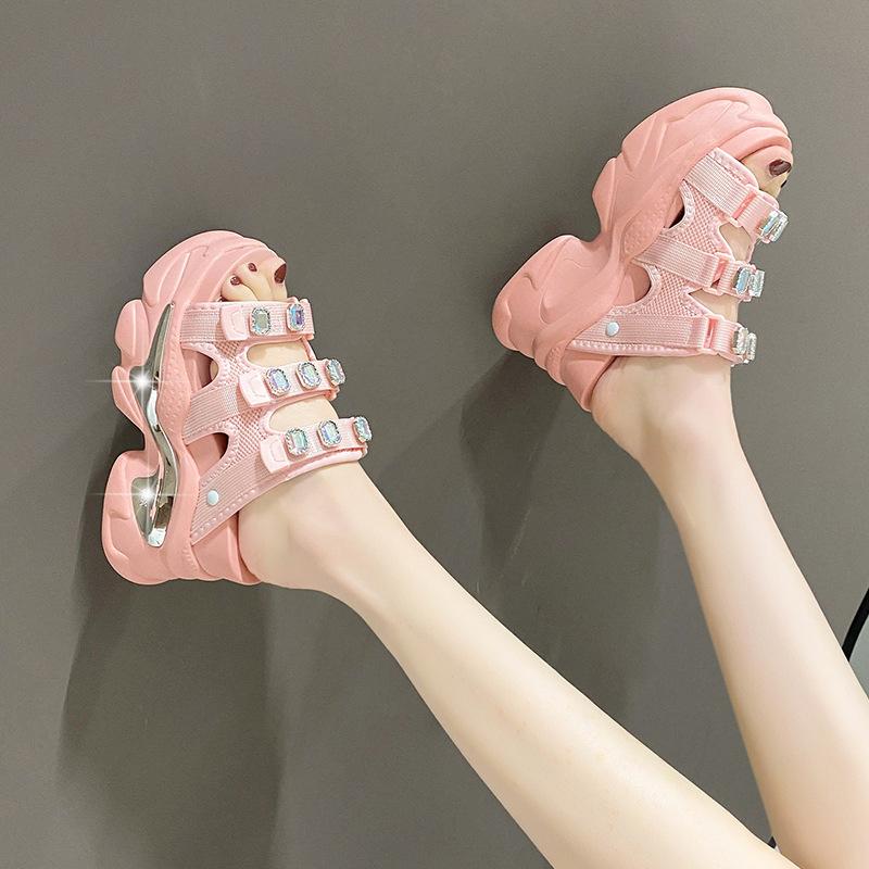 Классические тапочки на каблуке-каблуке, женские повседневные босоножки с круглым носком и толстой подошвой с ромбовидным узором, летние модные повседневные босоножки