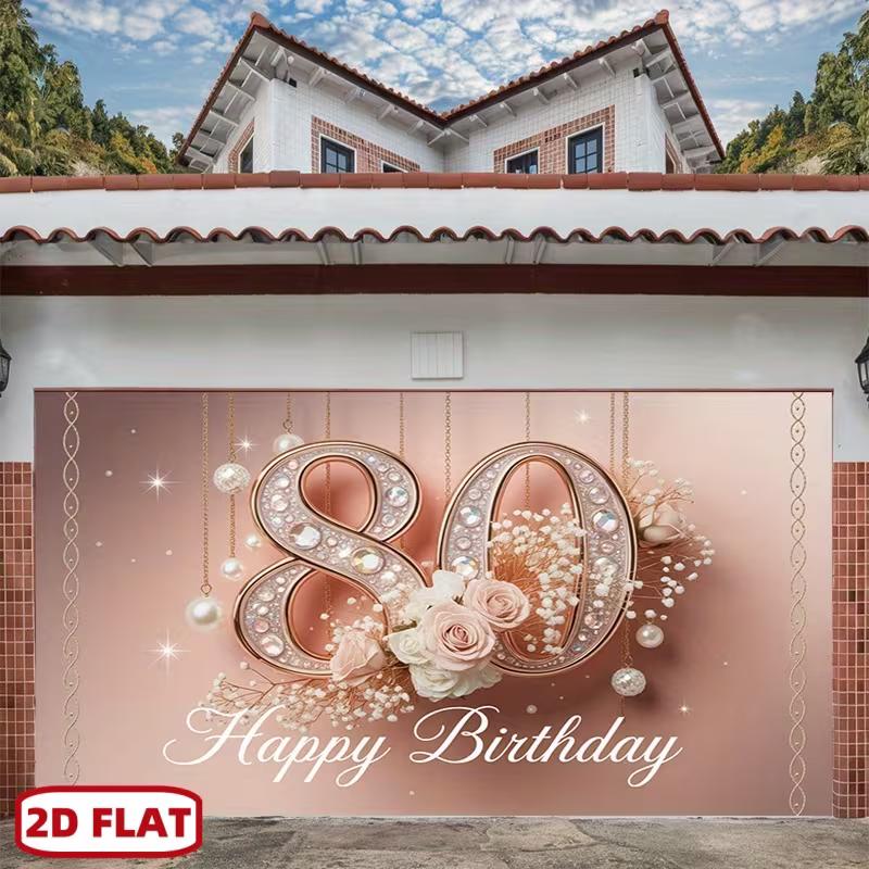 2D 80th Birthday Photography Backdrop, Pink Floral & Diamond Background