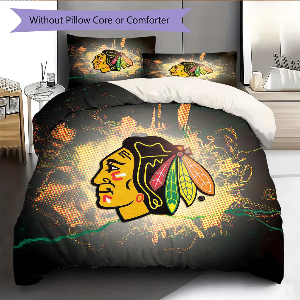 Chicago Blackhawks Pattern Bedding Quilt Set Home Decoration Gift (1 * duvet cover + 2 * pillowcase without core)