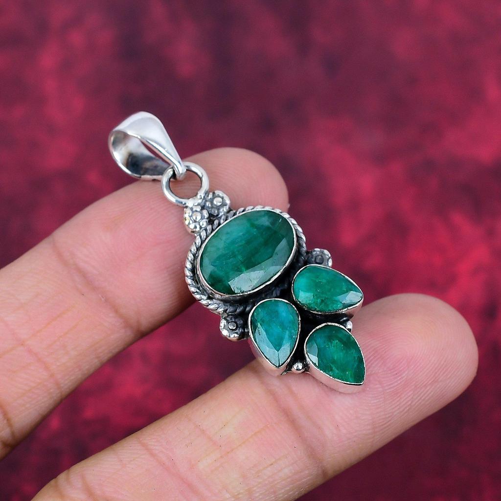Подвеска с изумрудом, 925 пробы серебряная подвеска с драгоценными камнями, подвеска ручной работы, изумительное украшение, подарок для нее