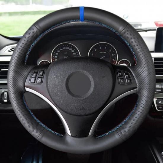 DIY Blue-strip Steering Wheel Leather Cover For BMW 1 3 Series E90 E87 E82 X1