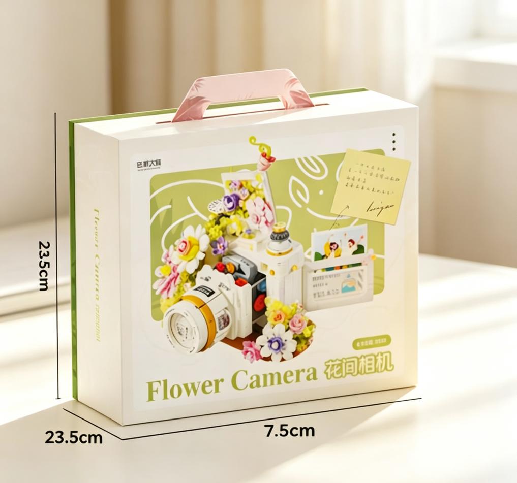 Floral Vintage Camera Building Bricks DIY Handcrafted Flower Sculpture Desktop Art Ornament Indoor Home Decor Assembly Craft