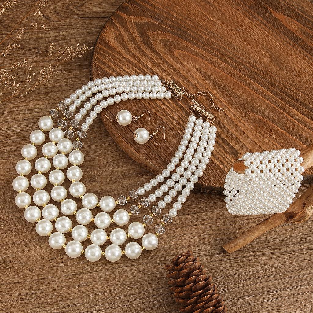 Wedding Jewelry Set Fashion Elegant Crystal Imitation Pearl Multi-layer Handmade Beaded Bib Necklace Earrings Bracelet For Women