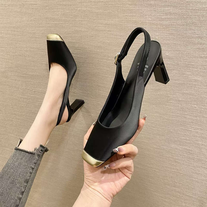 Французские сандалии на высоком каблуке с квадратным носком, женские, на толстом каблуке, новые весенне-летние, для通勤, мягкая кожа, с открытым носком
