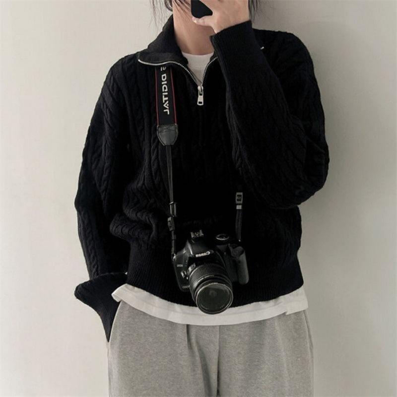 Korean solid color lapel neck twist sweater outer wear women's lazy style fashion casual autumn and winter French polo neck zipper shirt