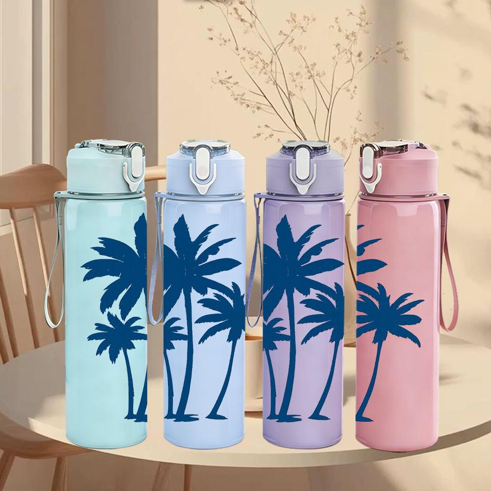 1PC Twin Palm Tree Minimal Line Art 750ml Color Plastic Sports Water Bottle Leakproof Flip Straw Lid Suitable for Sports Office Home Use