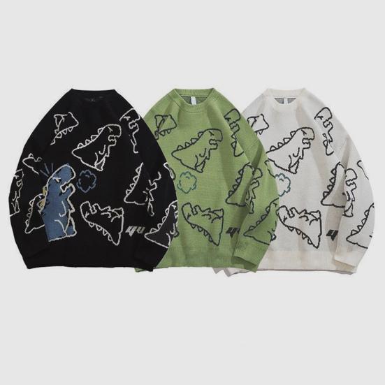 Мужской свитер осень-зима с рисунком динозавра, свободный свитер с круглым вырезом и длинными рукавами, в стиле хип-хоп, средней длины, для повседневной носки, работы, школы, улицы