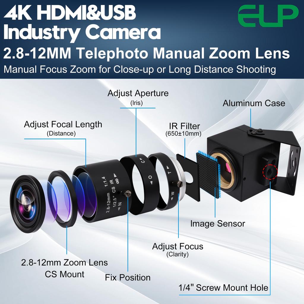 ELP 4K 30FPS USB HDMI USB Camera Manual Zoom Webcam Variable Focus PC Camera Computer Mini Camera Telescope USB Security Camera 8mp IMX415 Industrial