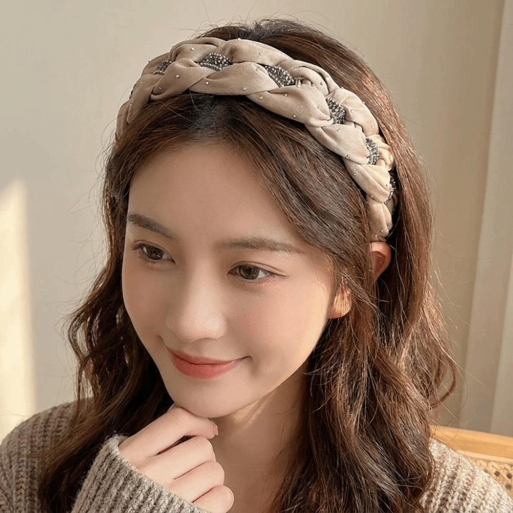 Soft Fabric High Cranial Hair Hoop Twisted Knotted Braided Hairband Rhinestone Headband Daily Use