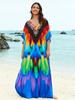 Colourful Feather Print 2024 Summer Plus Size V Neck Kaftan Dress Women Batwing Sleeve Holiday Beachwear Bikini Cover-ups Q1594