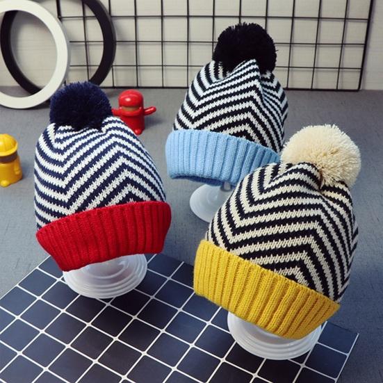 2 шт./компл. Детская осенне-зимняя шапка и шарф, плюшевый помпон, полосатый принт, шапка без полей, вязаный шарф