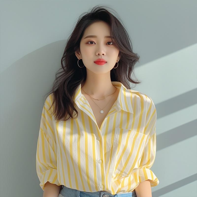 Женская полосатая рубашка желто-белая Весенне-осенняя рубашка Повседневная Эффектная С длинным рукавом