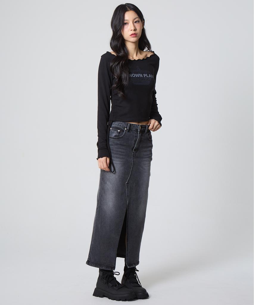 Unknown Planet Denim Long Skirt Sand Black