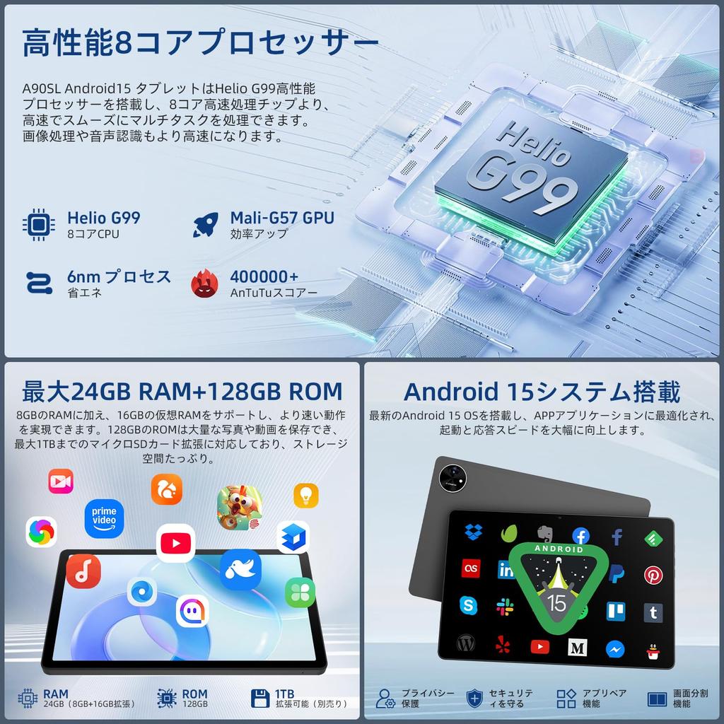 Планшет Android 15 Tabtop A90SL с Helio G99 24 ГБ ОЗУ 128 ГБ Большой IPS Face Беспроводной и Легкий 18 Вт Быстрая 8000 мАч Батарея G99 11-дюймовый 8-ядерный