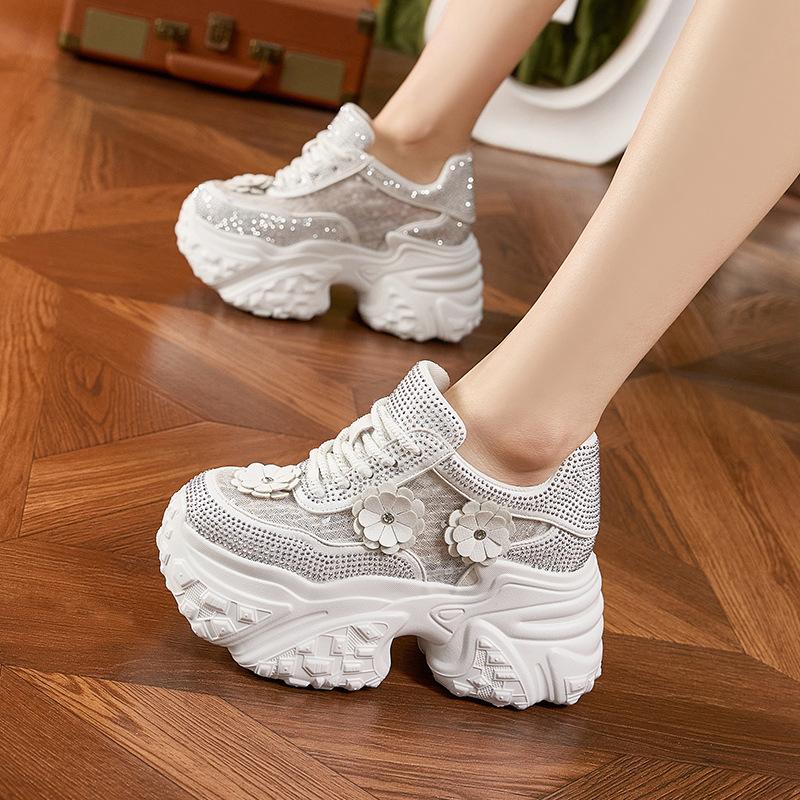 Модные Высокие 10СМ Воздушная Сетка Синтетическая Кожа Блестящие Повседневные Платформа Танкетка Балетки Женские Вулканизированные Полые Летние Массивные Кроссовки Обувь