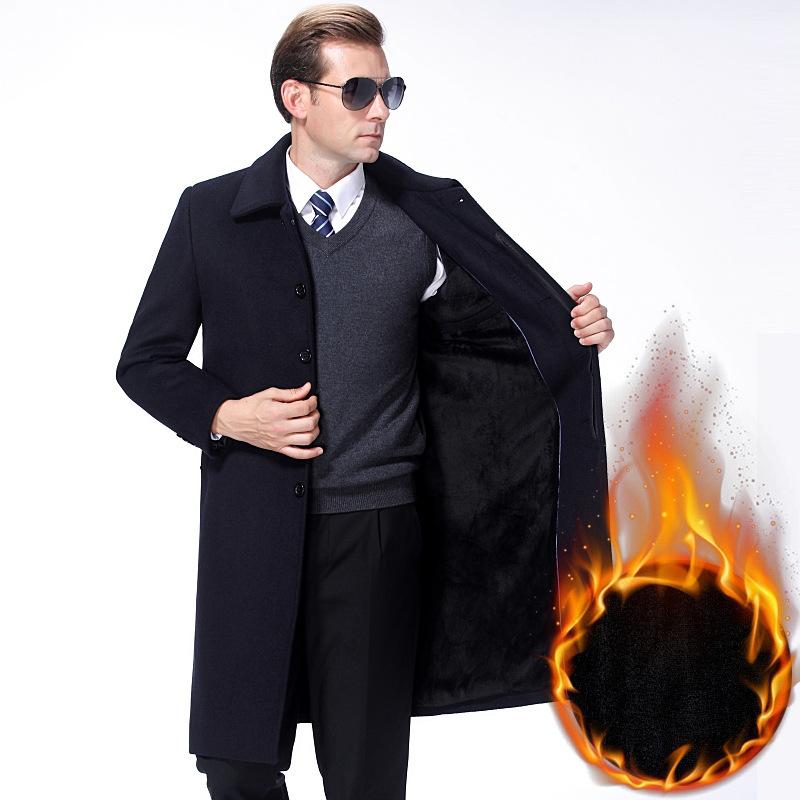 Кашемировое пальто для мужчин среднего и пожилого возраста, шерстяное теплое пальто, зимняя шерстяная ветровка длиной до колена с утолщенным бархатным верхом