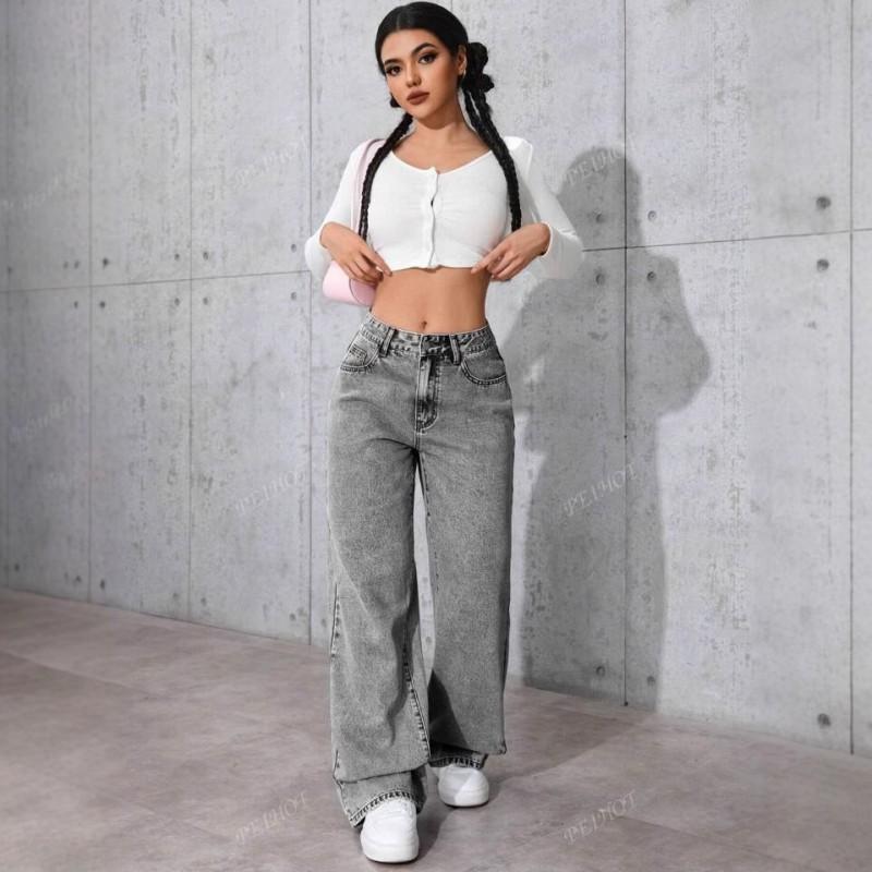High Waist Wide Leg Denim Pants Women 2025 Bow Embroidery Streetwear Loose Fit Cotton Blend