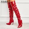 Eilyken Высокое качество, плиссированные мотоциклетные ботфорты из лакированной кожи, женские модные высокие женские туфли до бедра с острым носком на молнии