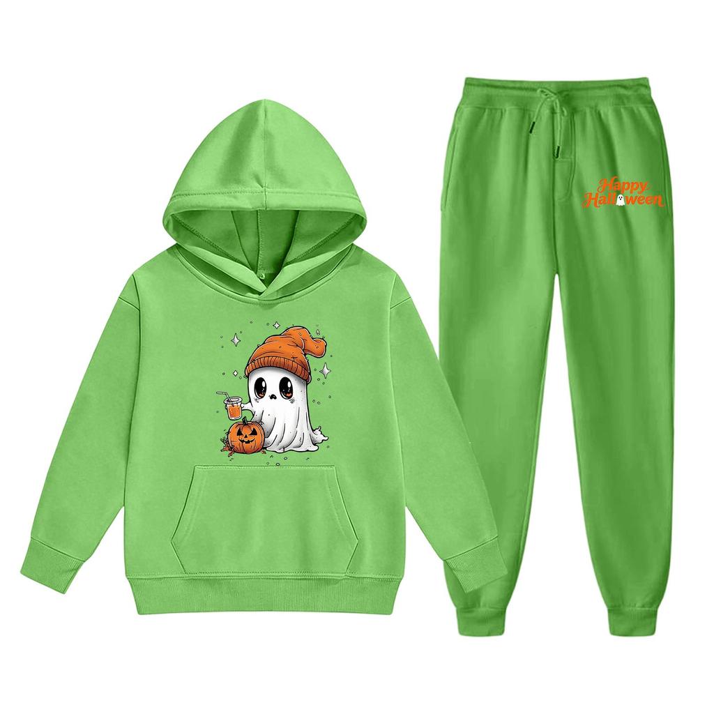 Kids Halloween Hoodie and Sweatpants Set Ghost Pumpkin Print Hooded Sweatshirt and Matching Bottoms Comfortable Fit for Boys and Girls