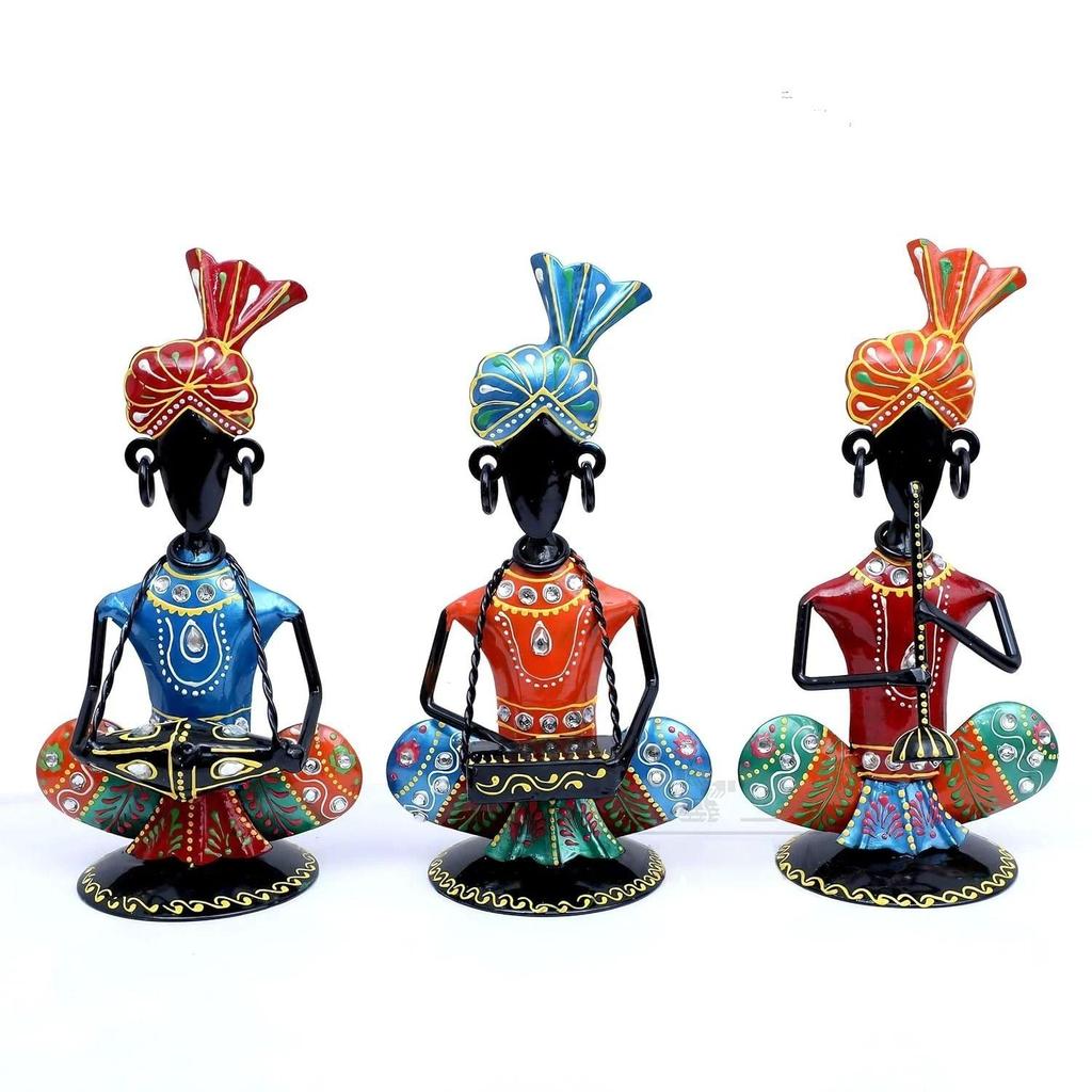 Набор для демонстрации музыкантов Раджастана из 3 музыкантов племени, железная статуя, украшение стола, предмет для гостиной, дома, офиса, подарков