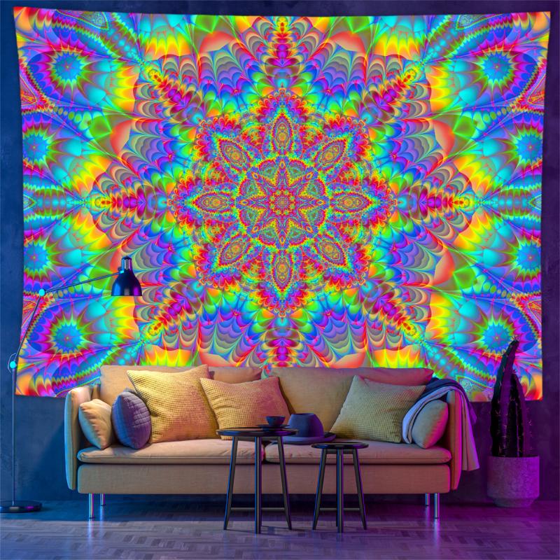 Blacklight Mandala Tapestry UV Reactive Bohemian Psychedelic Print Wall Hanging Trippy Room Party Home Decor