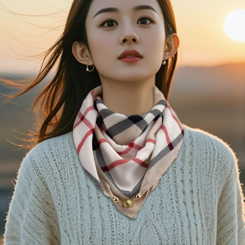 Luxury Design Magnetic Triangle Neck Protection Scarf For Women Cotton And Linen Scarf High-end Neck Scarf Spring Autumn Bandana