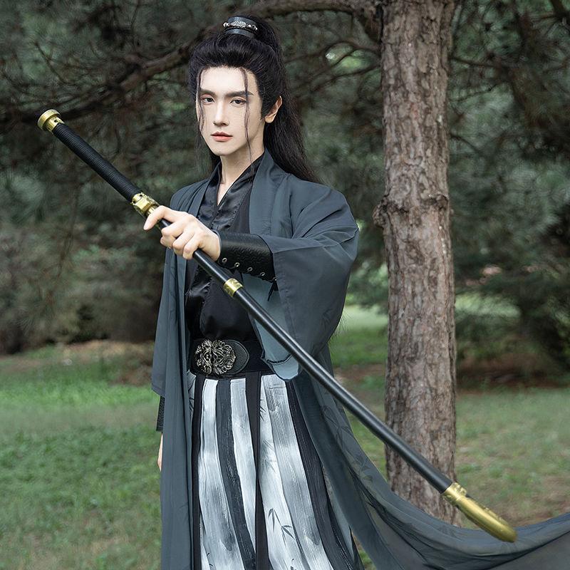 Мужской черный костюм Hanfu с принтом бамбука Song Bei Zi для боевых искусств с перекрестным воротником