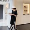 MODIQUE Summer Plus Size New Women Loose Patchwork A-Line Stripe Mock Two-Piece Long Dresses Elegant Lady Casual Cotton V-Neck Short Sleeve Skirt