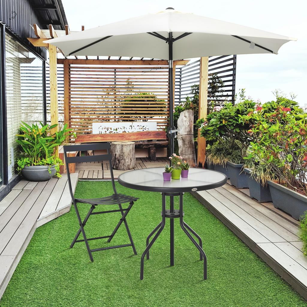 80 cm Black Round Garden Dining Table, Outdoor Coffee Bistro End Side Table with Tempered Glass Top and Steel Frame for Patio, Porch