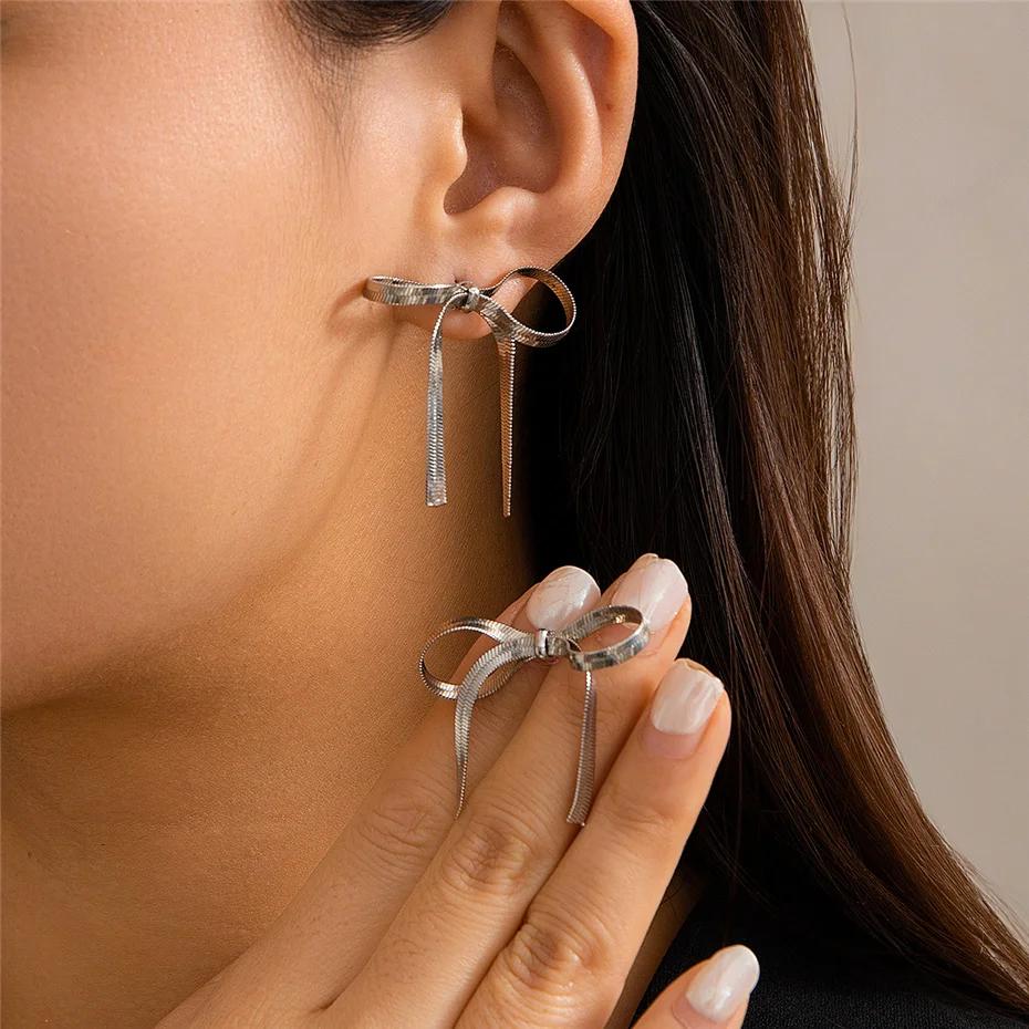 New Kpop Snake Long Tassel Bow Bowknot Drop Earrings for Women Girls 1116 Trendy Vintage Piercing Hanging Earrings Jewelry