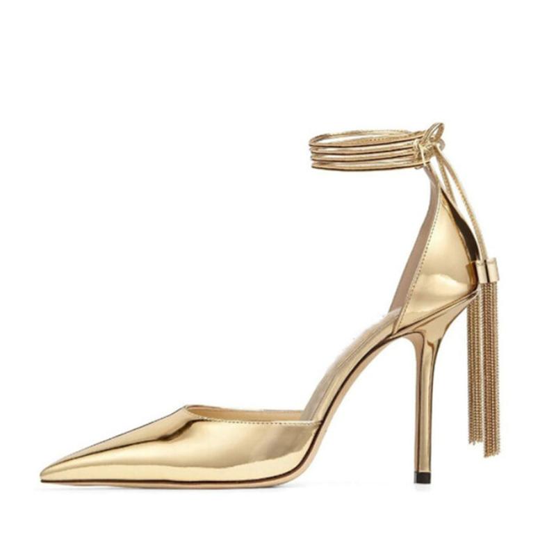 Модный бренд Показ Золотая кисточка Подвесные серьги Сандалии на щиколотке Модные черные туфли-лодочки Элегантная свадебная обувь для банкета Женская обувь 43