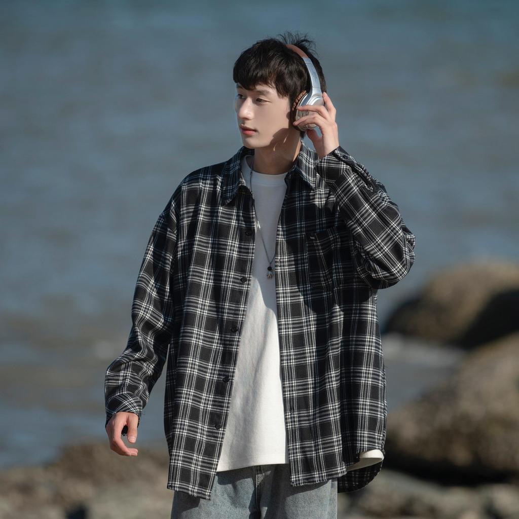 Мужская рубашка в клетку с длинным рукавом в стиле ретро - повседневная куртка на весну/осень