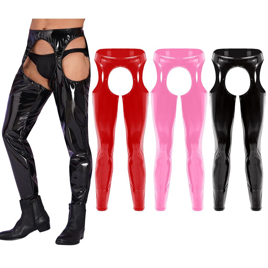 Mens High Waist Patent Leather Pants Cutout Design Nightclub Attire