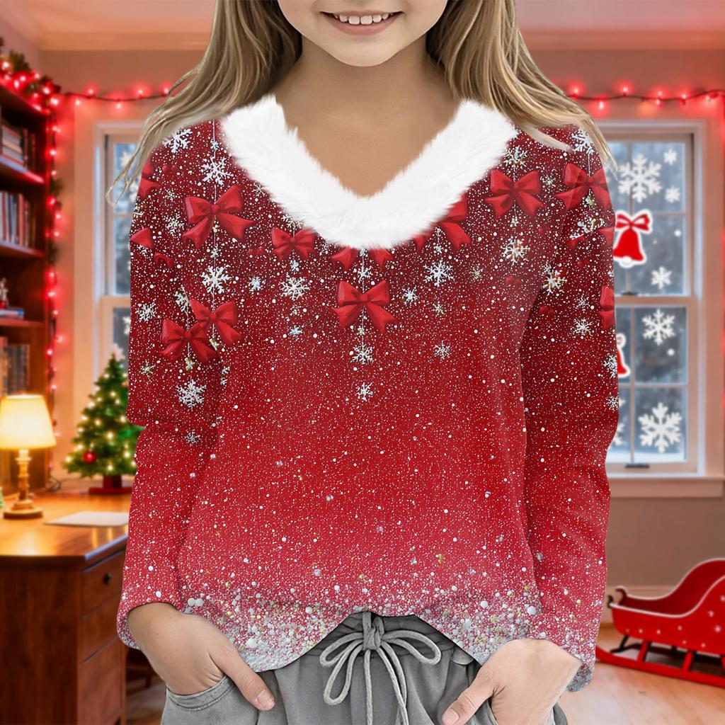 Christmas Day Girls Long Sleeve T Shirts Kids Girls' V-Neck Tee Christmas Print Long Sleeve Top