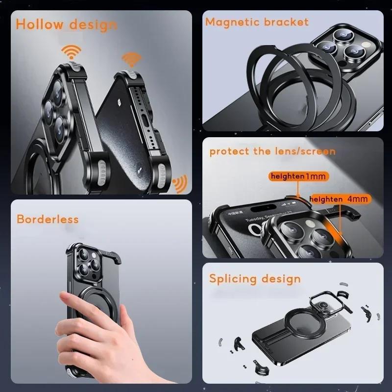 Oatsbasf Metal Frameless Phone Case for iPhone 16/16 pro/16 Pro Max Heat Dissipation Protective Phone Cover Built-In Stand