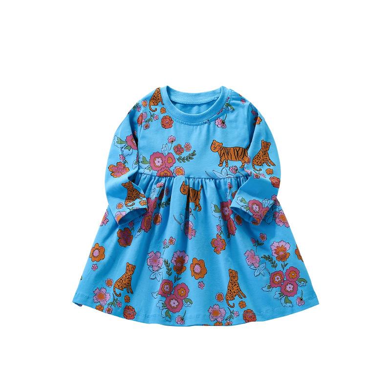 2025 весна осень чистый хлопок милый цветочный принт платье принцессы для девочки с длинным рукавом юбка милые девочки свободные синие платья детская одежда