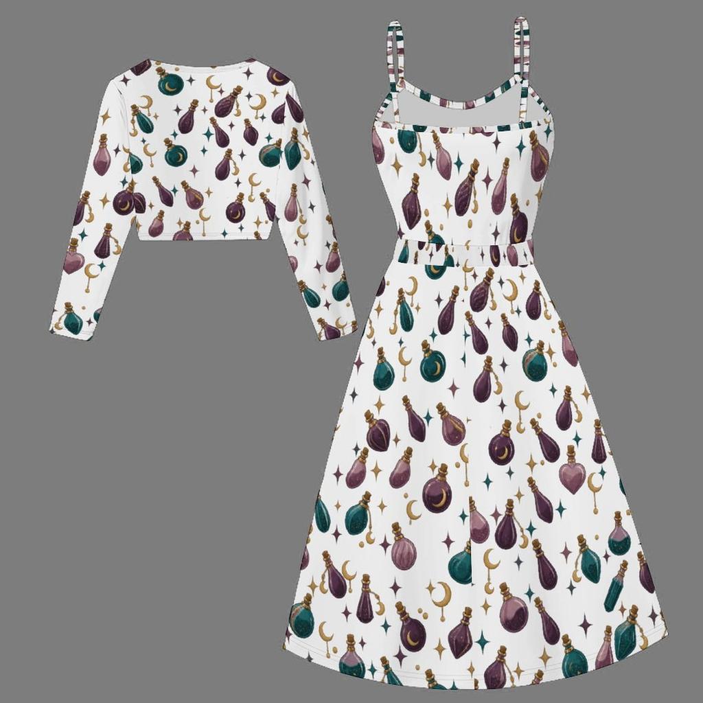 Женский комплект из двух предметов большого размера: укороченный кардиган с длинным рукавом, платье-майка на бретельках с завязками на талии, принт "Лиса и Листья", белое