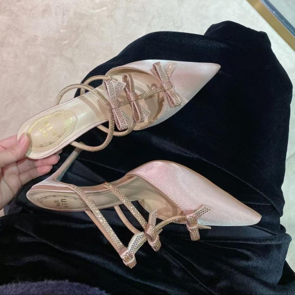 New Butterfly Rhinestone Bag Head High Heels Women's Stiletto Silk 2025 Summer Fashion Sweet Word with Half Drag Sandals