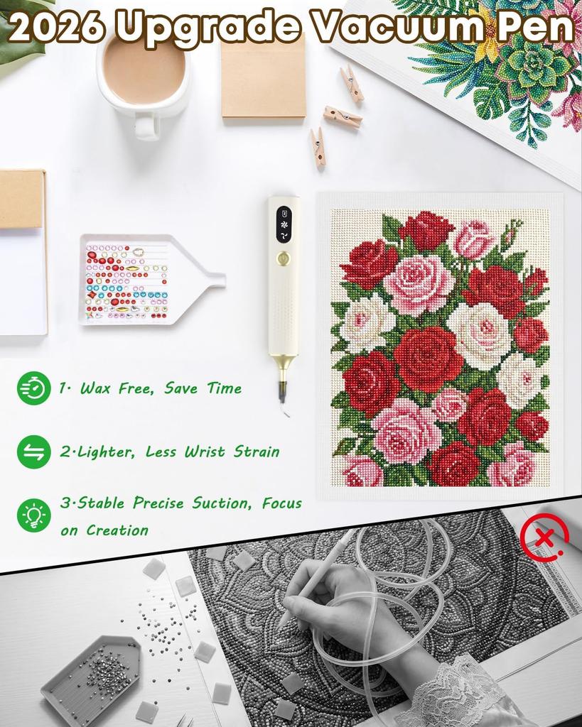 Diamond Painting Electric Vacuum Pen Cordless  Quiet with Uninterrupted Power Suction Modes No Wax Needed Clear View Design Diamond Art