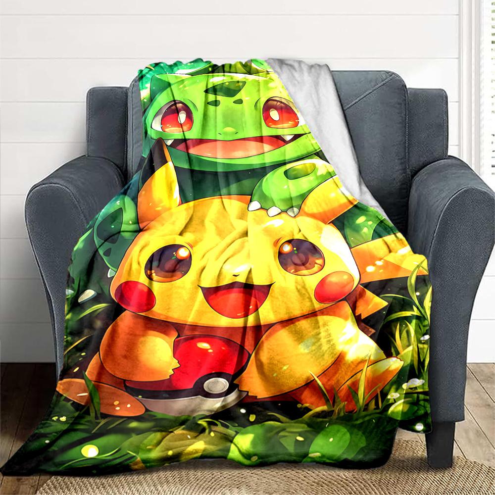 1pc Pikachu, Bulbasaur Flannel Blanket [Cozy Throw Blanket] For Sofa, Bed, Travel, Camping, Livingroom, Office, Couch, Chair, And Bed