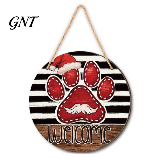 Front Entrance Decoration Wooden Christmas Welcome Sign, Animal Round Hanging Door Decor, Pet Theme Farmhouse Ornament for Window Garden Holiday Decor