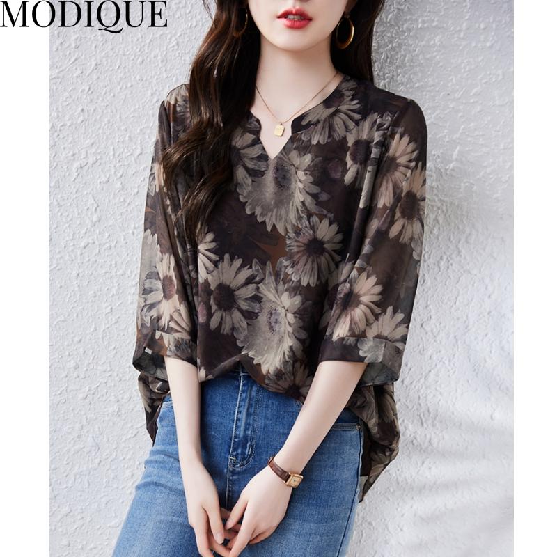 MODIQUE Весна Лето Большие размеры Новые женские свободные винтажные хлопковые льняные кружевные блузки с цветочным принтом Рубашки женские повседневные оверсайз с длинными рукавами и v-образным вырезом Футболка