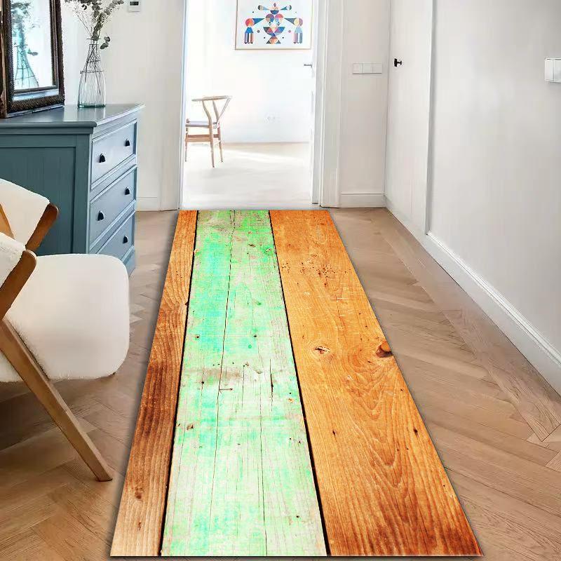Distressed Green Orange Wood Plank Runner Rug, Weathered Wooden Board Long Hallway Mat Non Slip Washable Entryway Carpet