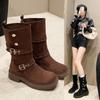 Винтажные женские сапоги в стиле вестерн, модные туфли с пряжкой на поясе, новинка 2024 года, осень-зима, толстый каблук, женские рыцарские сапоги до середины голени