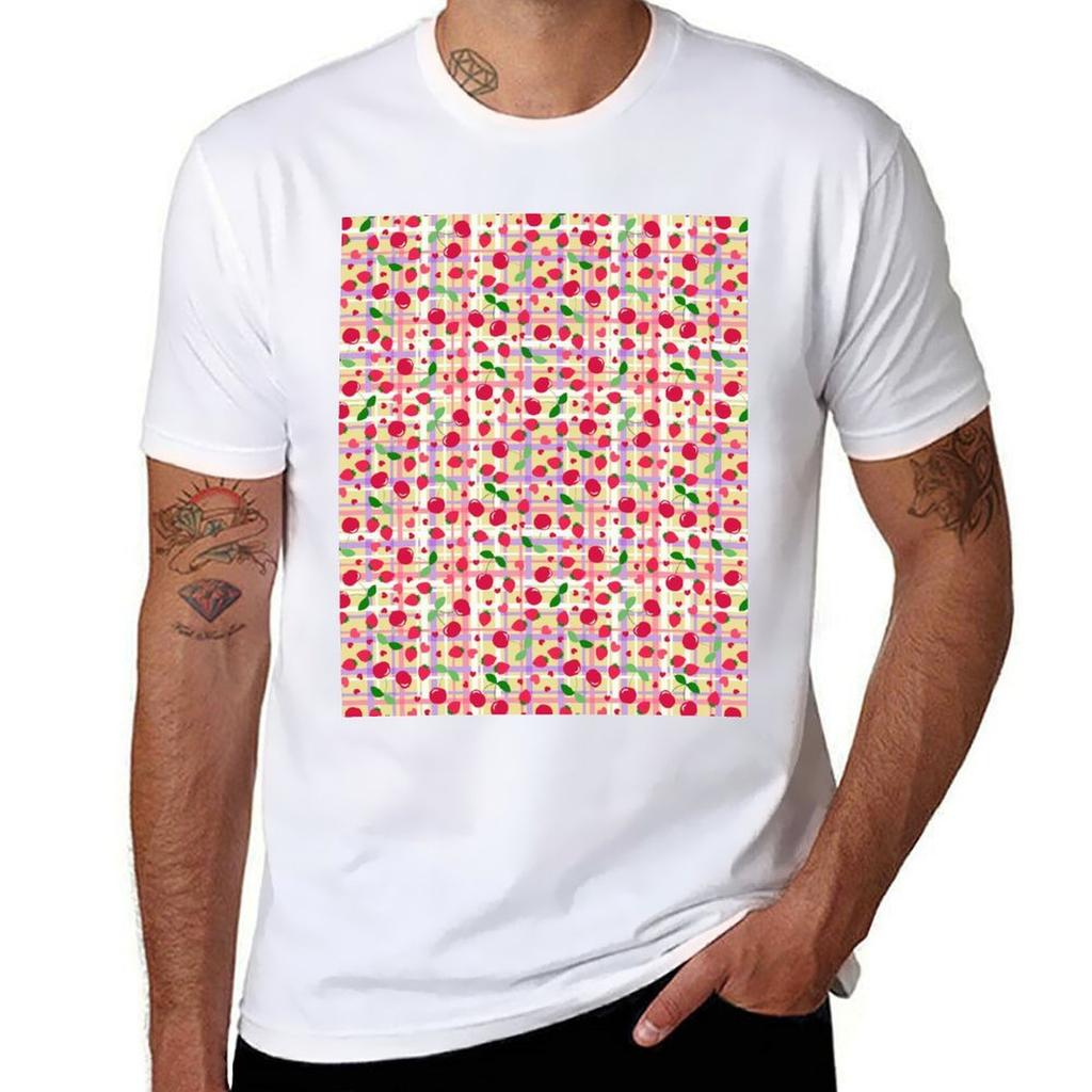 Cherries And Hearts With Background Check Tshirt Casual Loose Short Sleeve Tee For Unisex